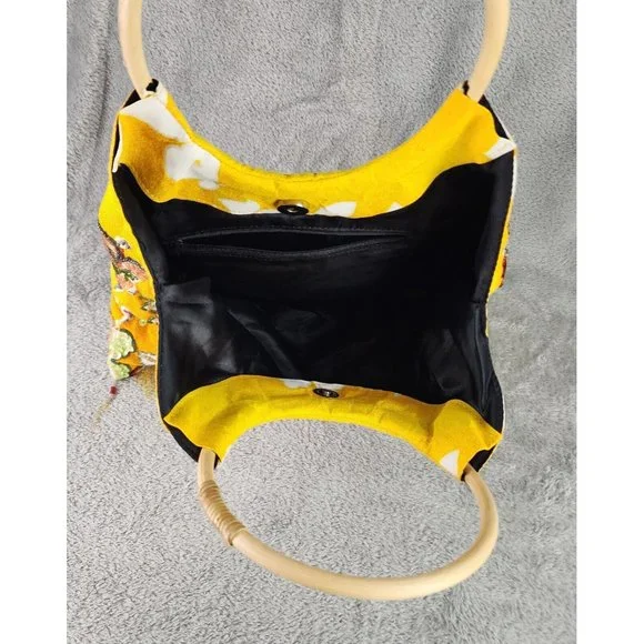 Bali Collection Purse Womens Yellow Hippie Boho Floral Sequined Wooden Handle - Picture 6 of 8